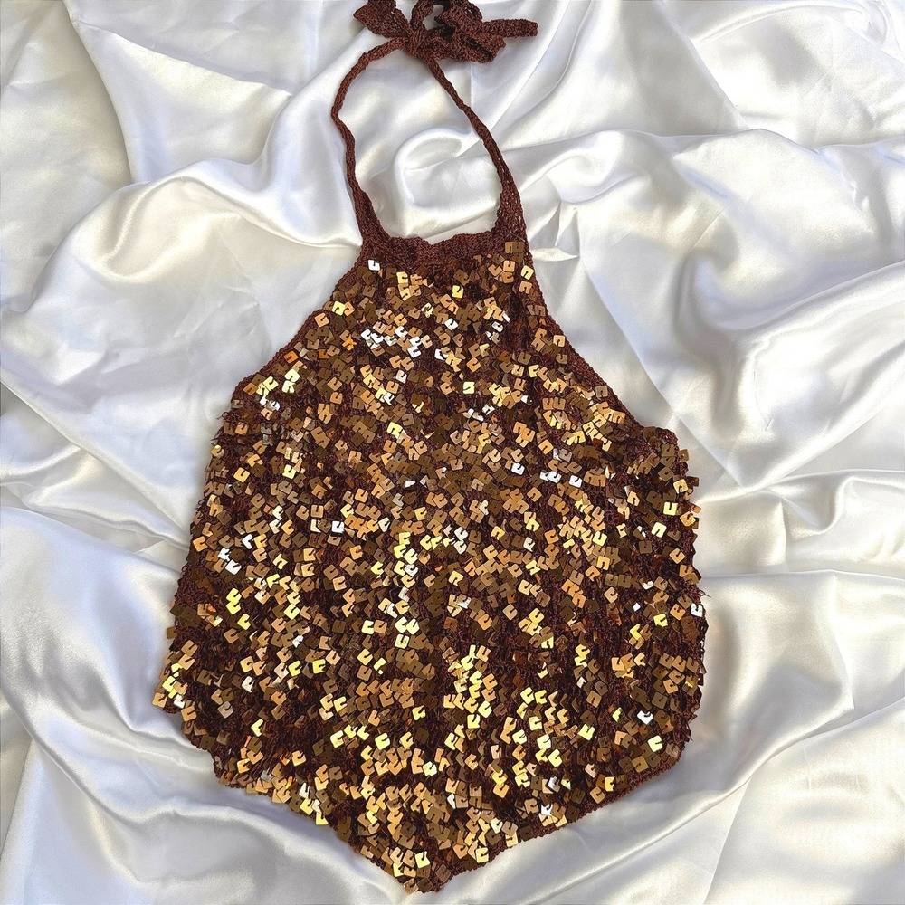 Roman Brown Crochet Sequin Halter Top Bronze Square Metallic Knit Party Blouse 1